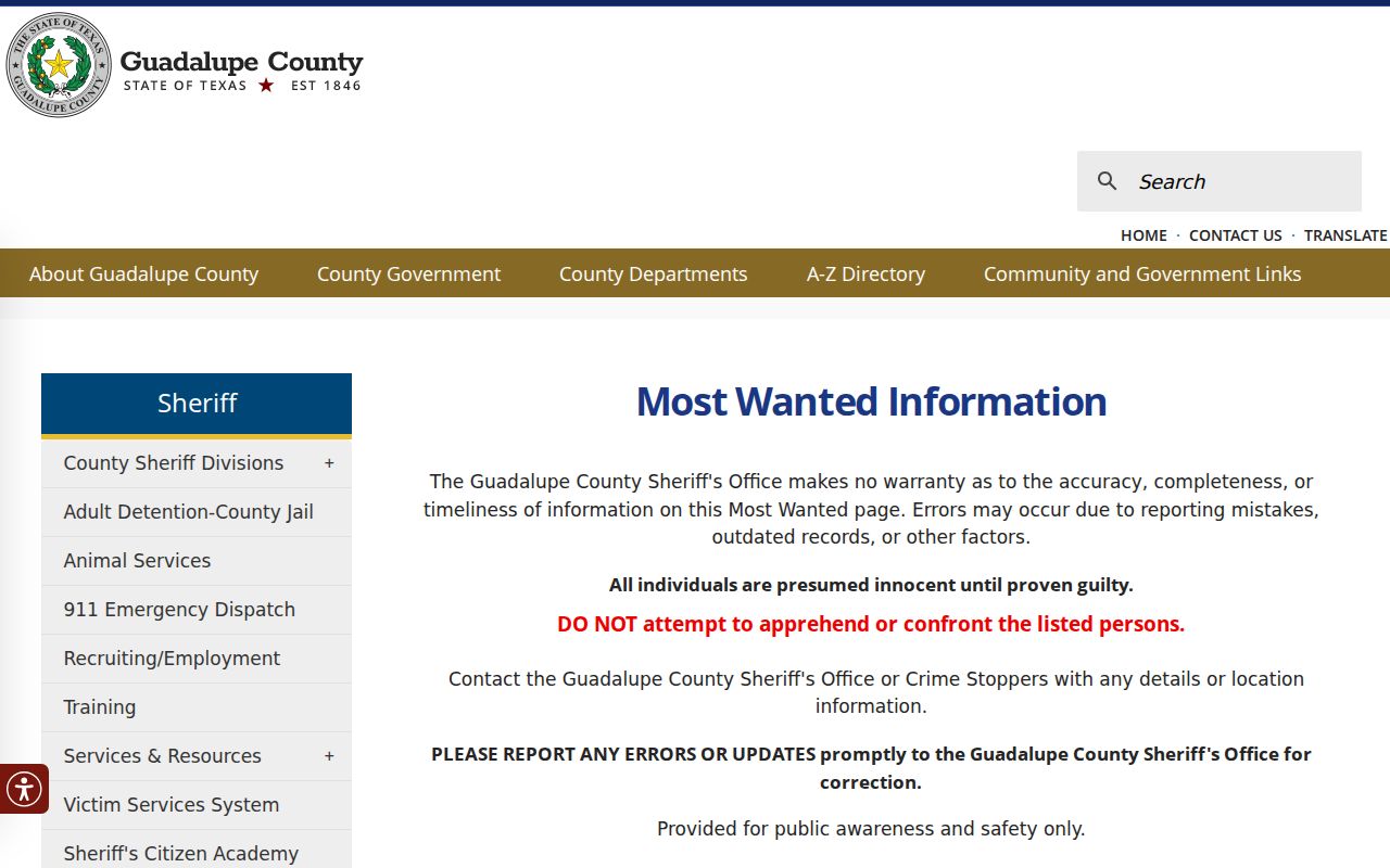 Guadalupe County active warrant records, Sheriff’s Most Wanted disclaimer
