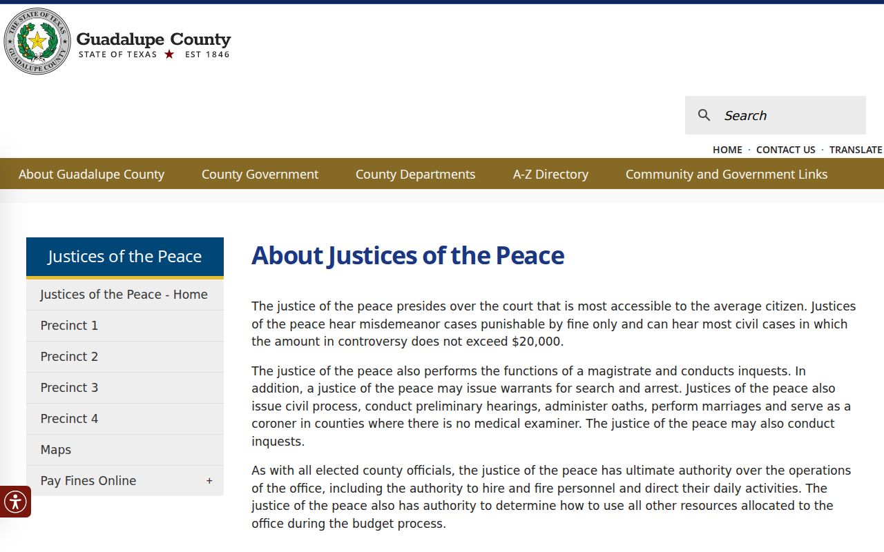 Guadalupe County warrant records, Justice of the Peace court directory