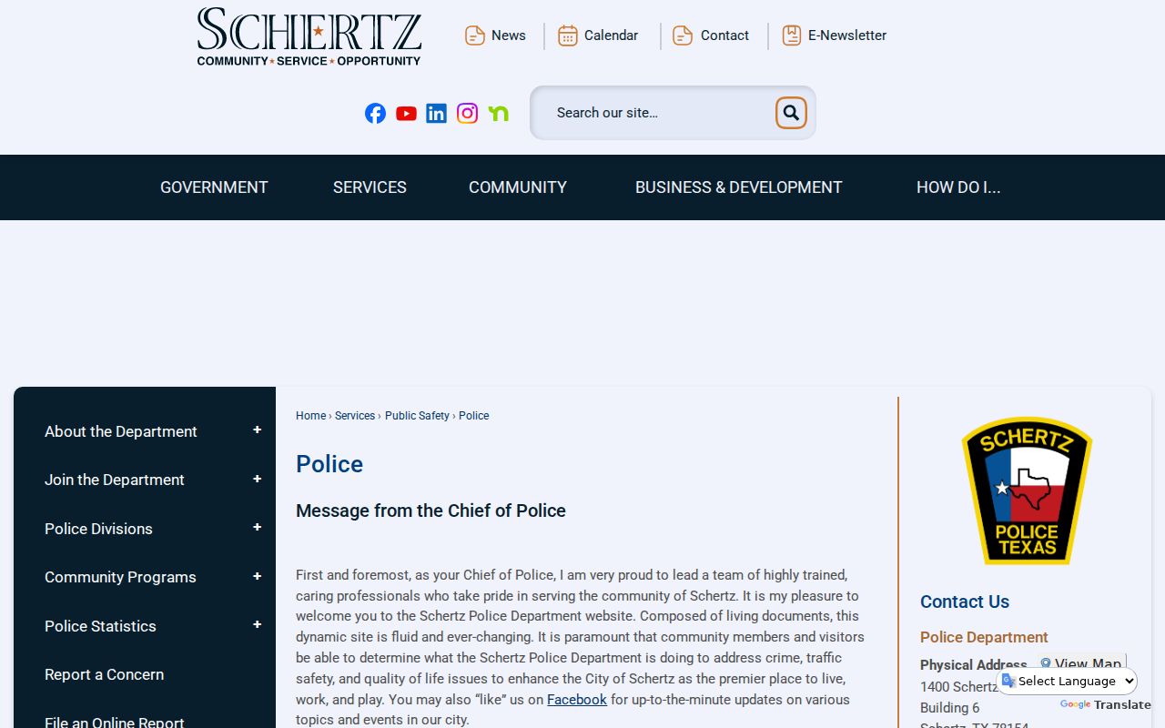 Schertz warrant records, Police Department contact page