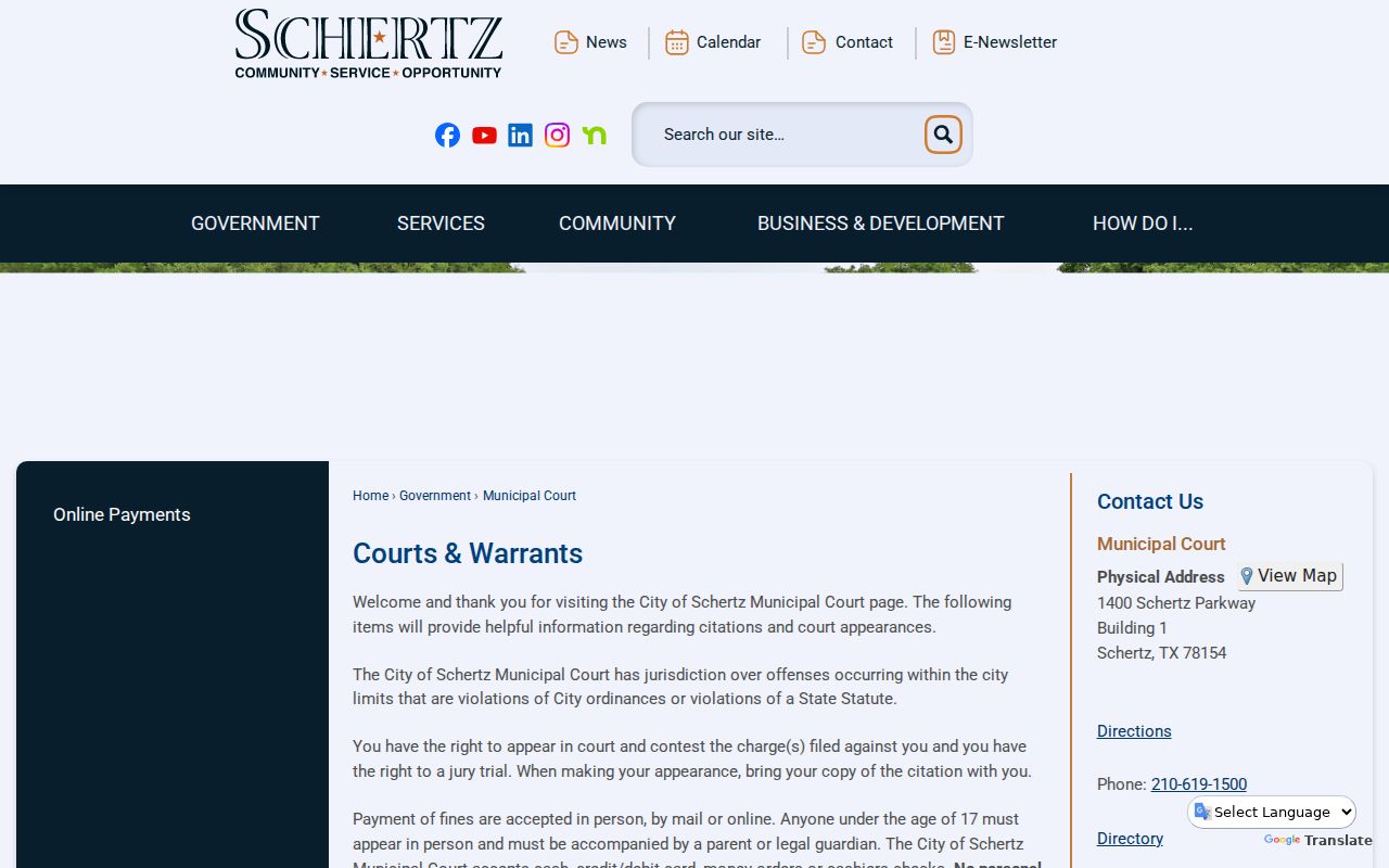 Schertz warrant records, Municipal Court and warrant division page