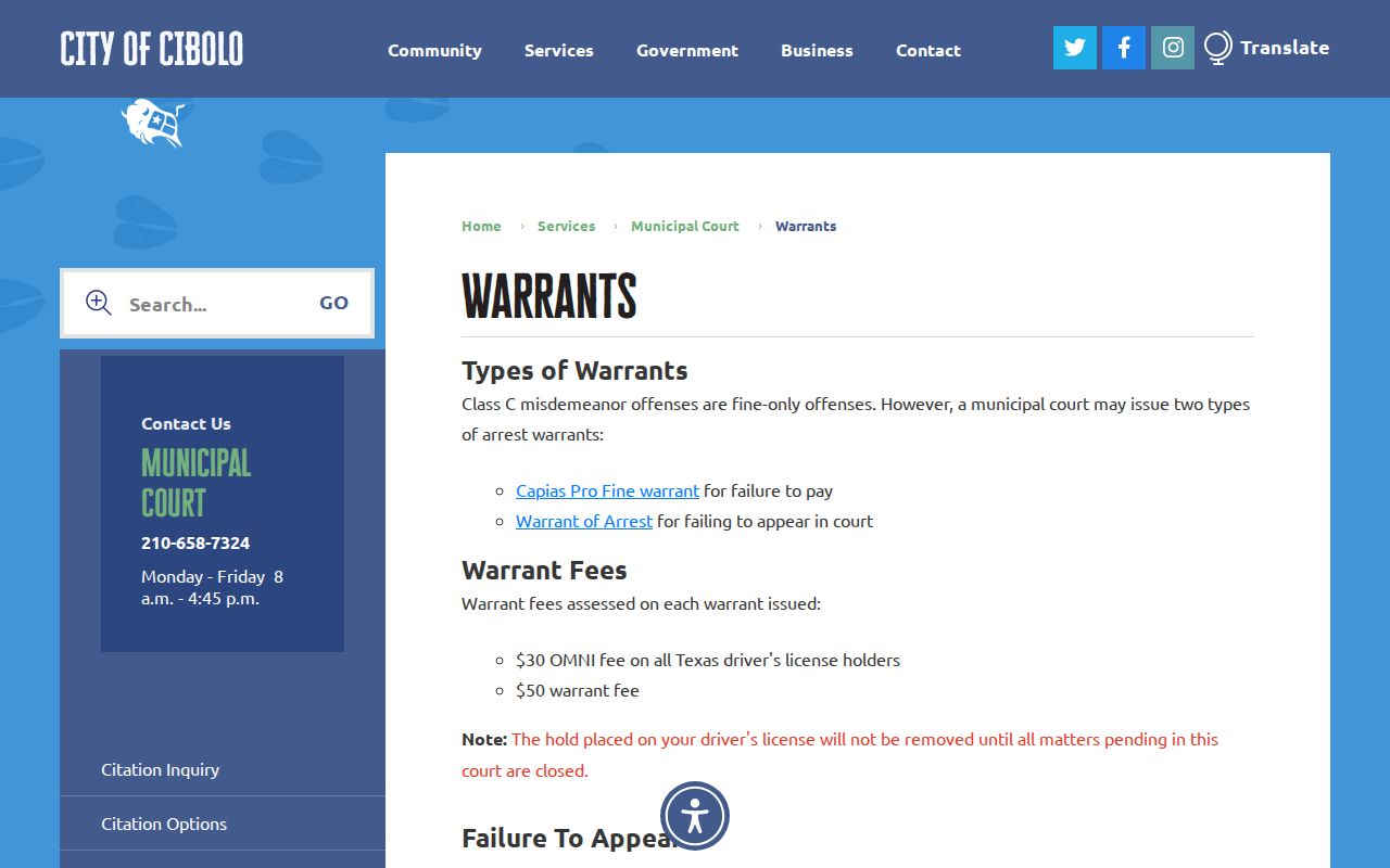 Cibolo warrant records, municipal capias and warrant-fee guidance