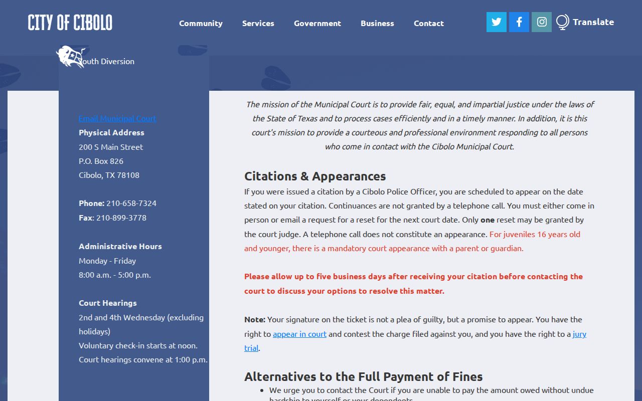 Cibolo warrant records, official Municipal Court contact page