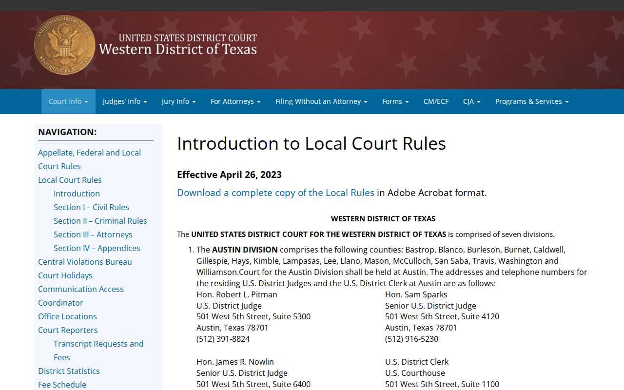 Guadalupe County warrant records, Western District of Texas division information
