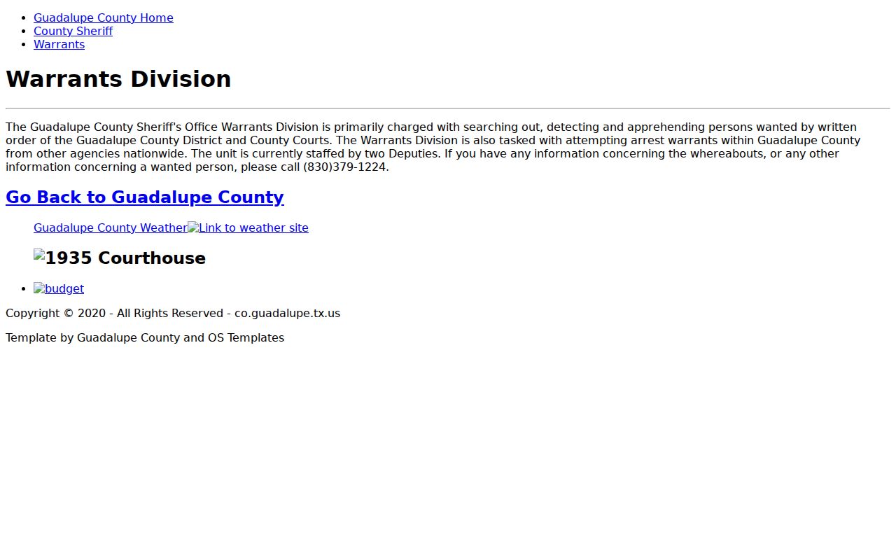 Guadalupe County warrant records, Sheriff’s Warrants Division contact page