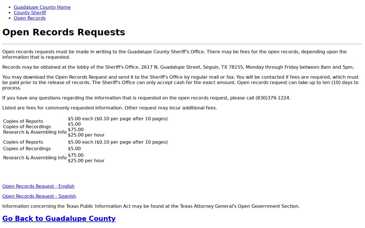 Guadalupe County warrant records, Sheriff’s records request information
